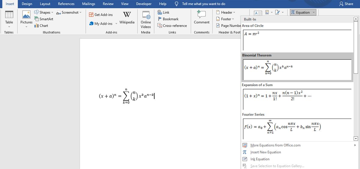 Inserting an equation in Word