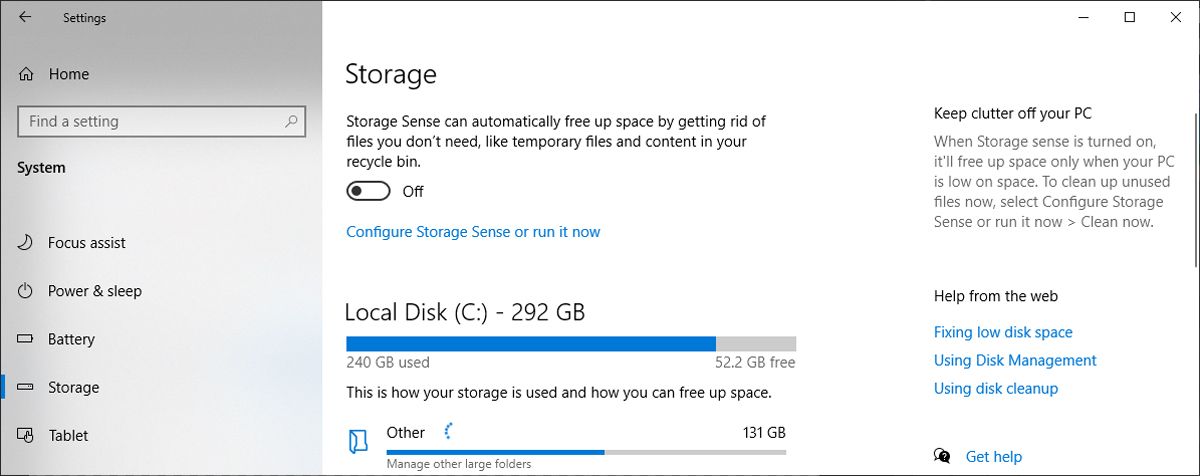 Storage sense settings in Windows 10.