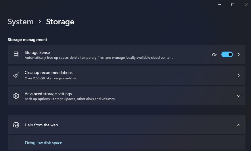 The Storage Sense option 