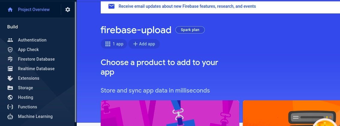 Firebase project overview page showing the storage section 