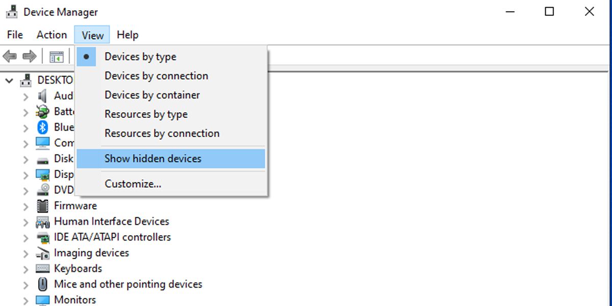 Device Manager menu in Windows 10.