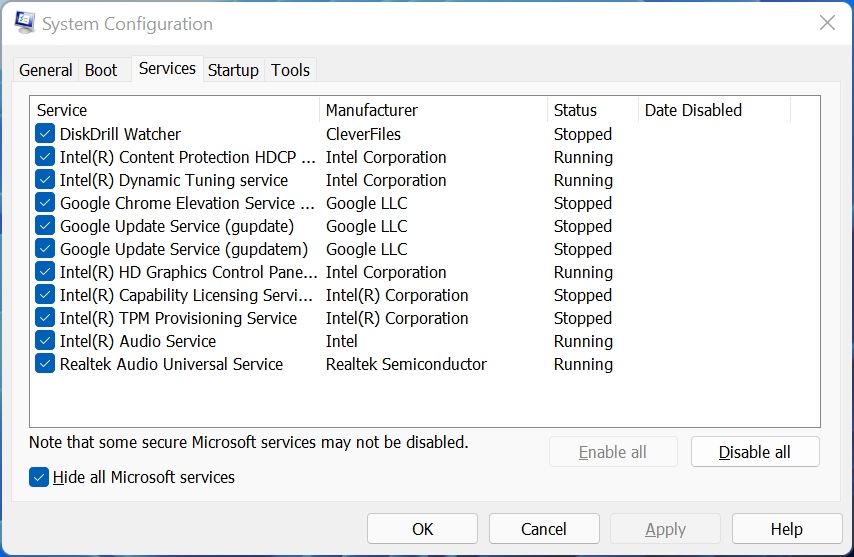 The System Configuration services window in Windows.