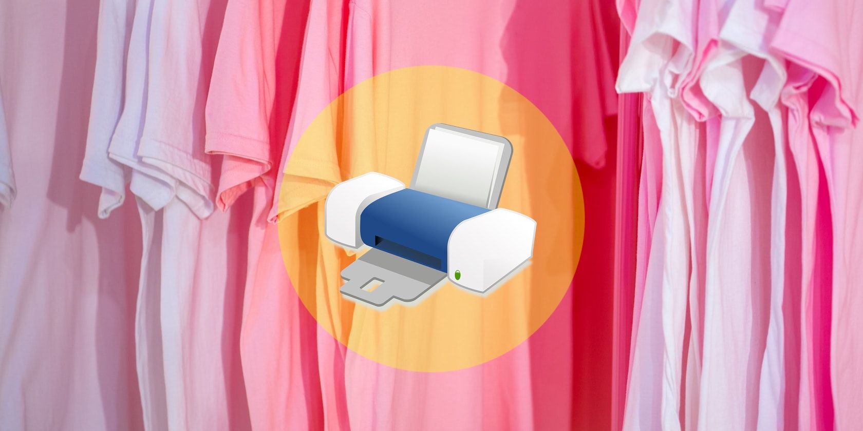 An illustration of a home printer over a background of pink t-shirts.