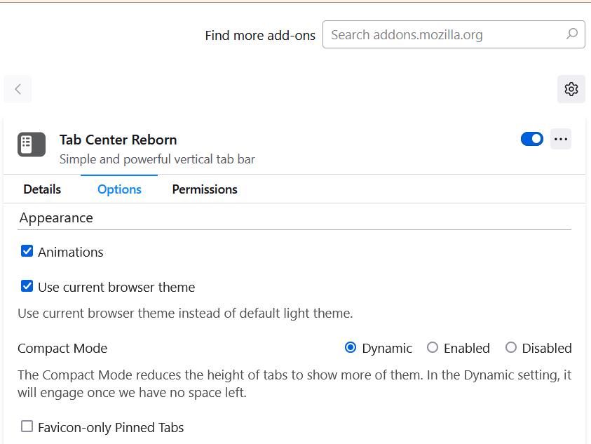 Screenshot showing Tab Center Reborn's settings