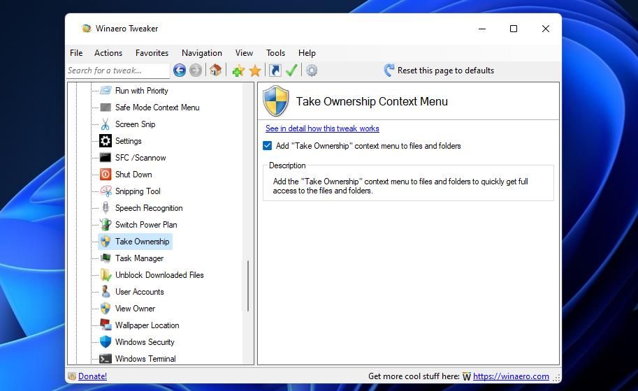 The Add "Take Ownership" context menu to files and folders checkbox