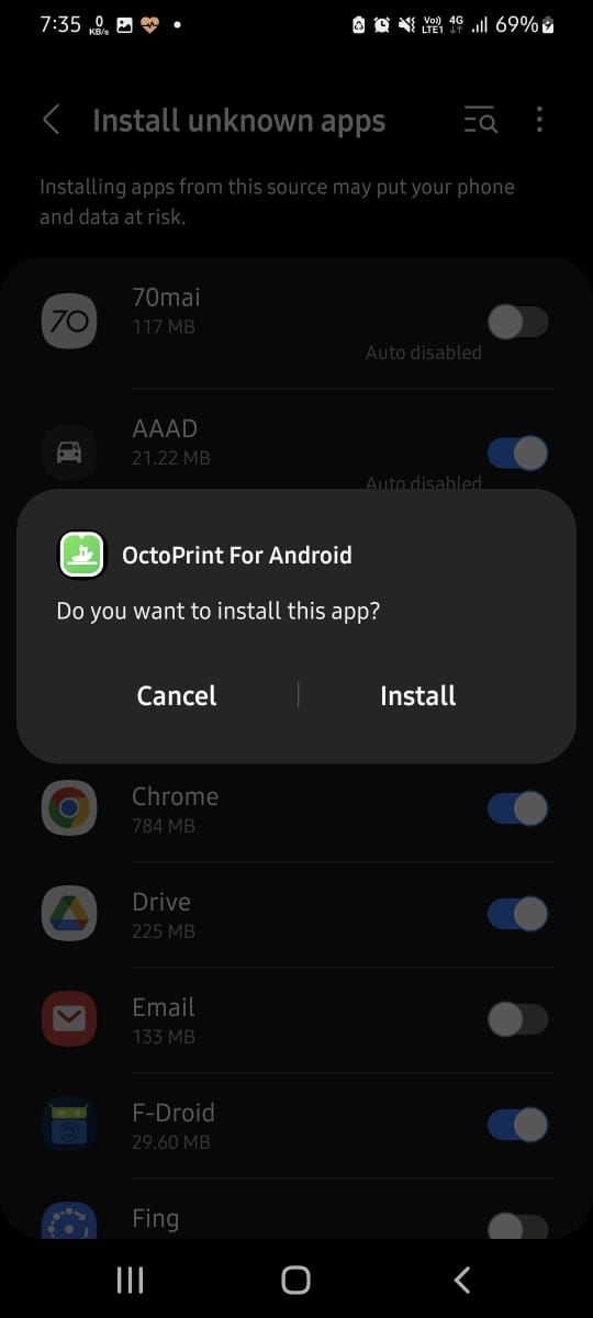 tap install to install octo4a octoprint app android