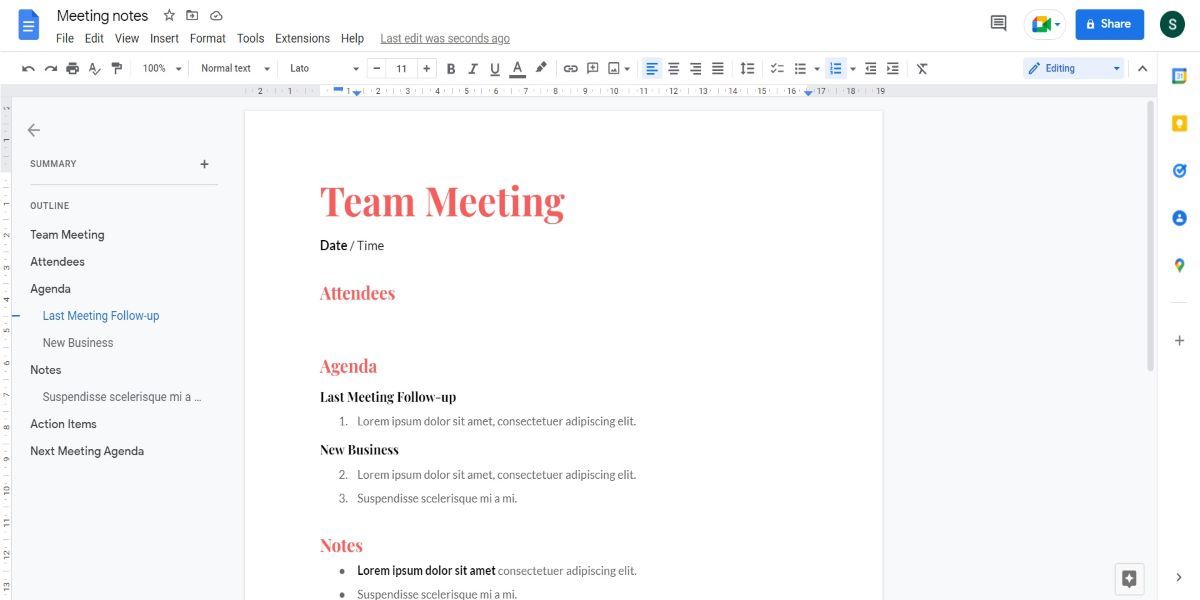 Screenshot of a Team Meeting Notes Template in Google Docs