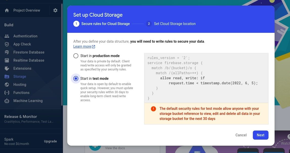 Firebase configuration page showing cloud storage setup