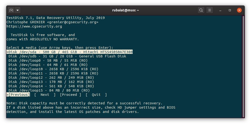 testdisk drive list on linux