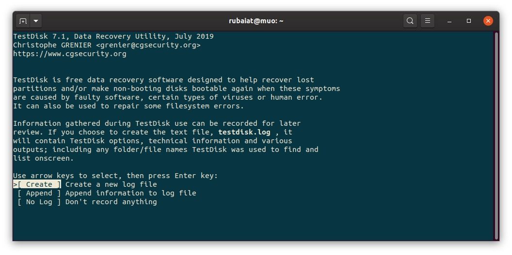 testdisk start menu on linux