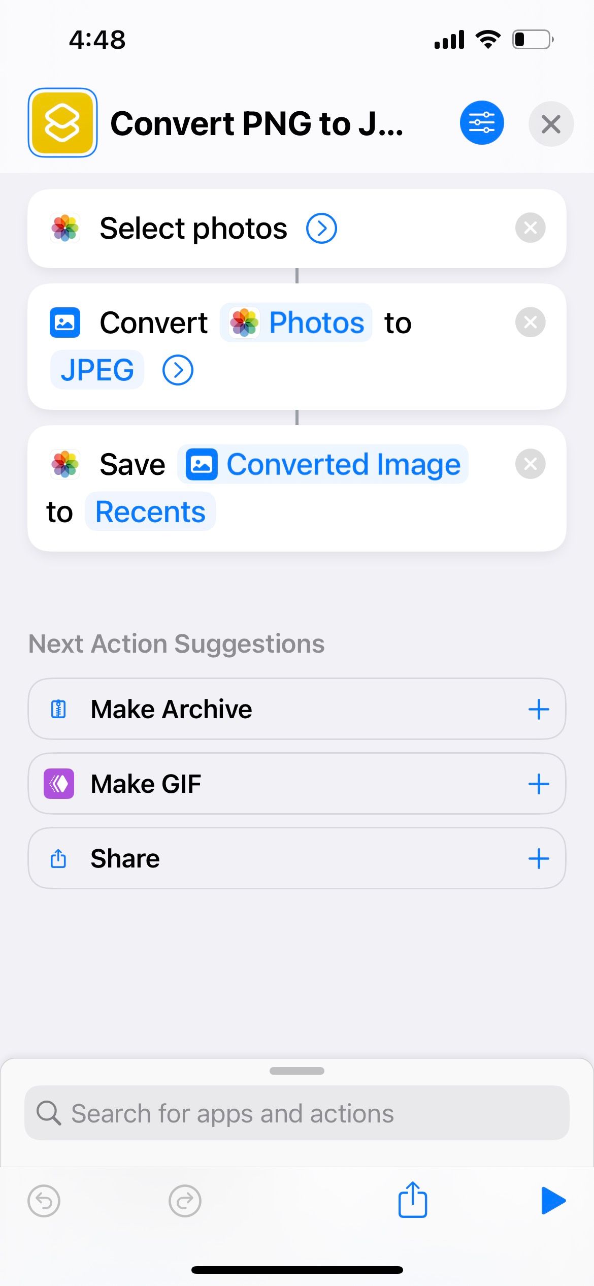 convert png to jpeg and save to recents album iphone shortcut 