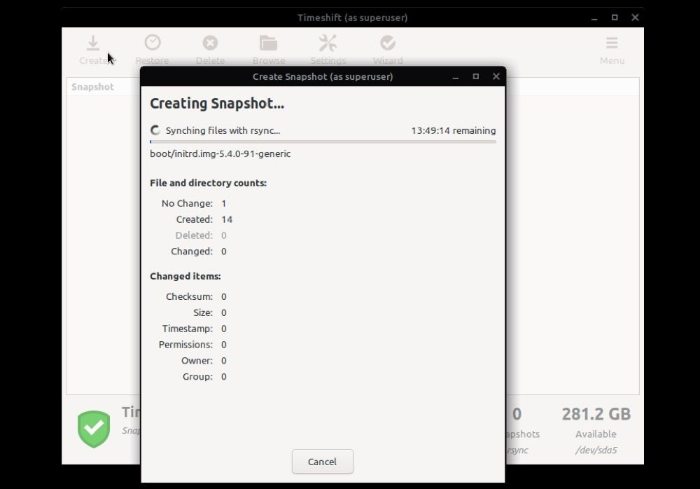 creating a snapshot in timeshift