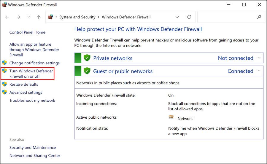 Turn Windows Defender Firewall on or off option