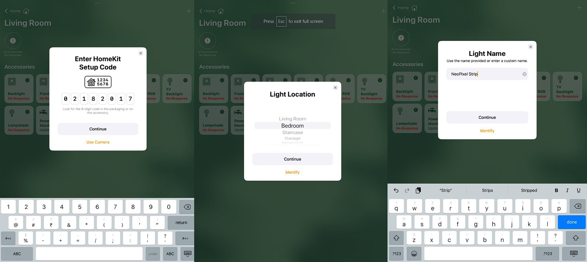 type the accessory code to add it to one of the rooms in homekit app