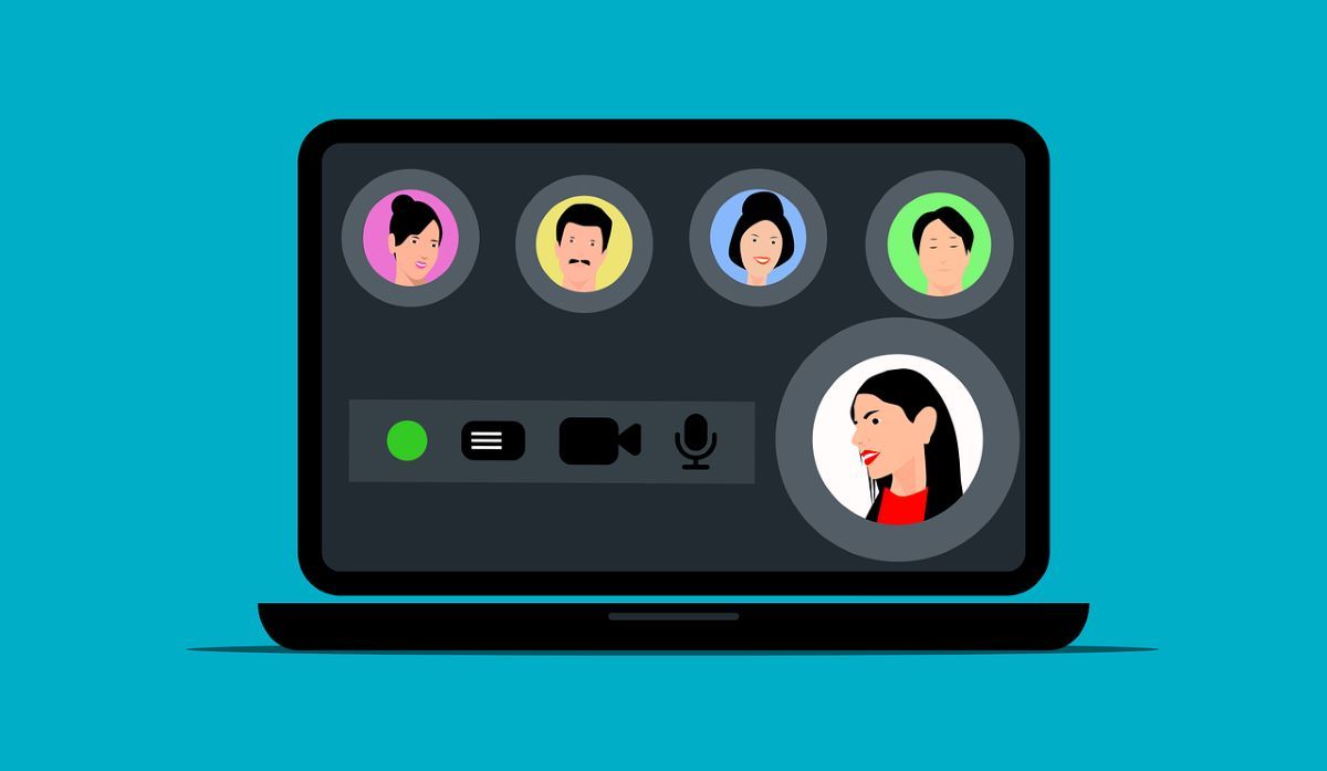 Illustration of Video Call on Laptop with Host and Four Attendees Icons
