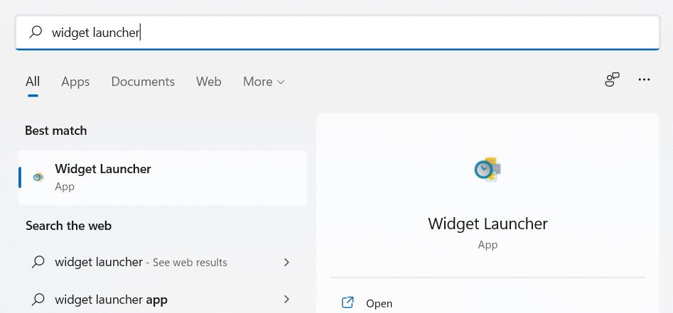the widget launcher app in windows 11 search