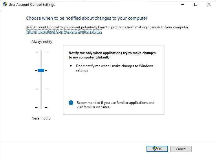 windows 10 change user account control protection setting