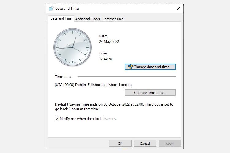windows 10 date and time control panel option