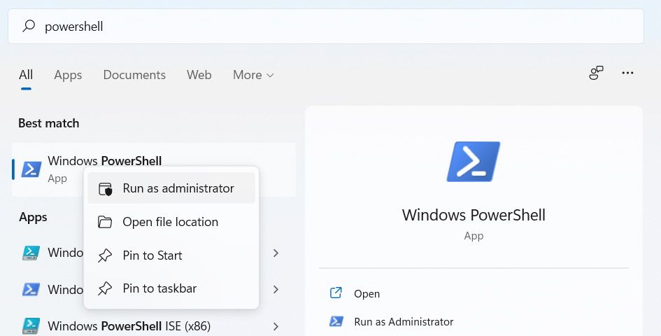 running powershell as admin from windows search