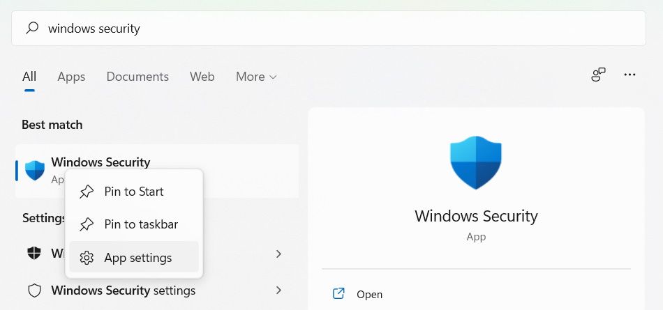 opening the app settings of windows security