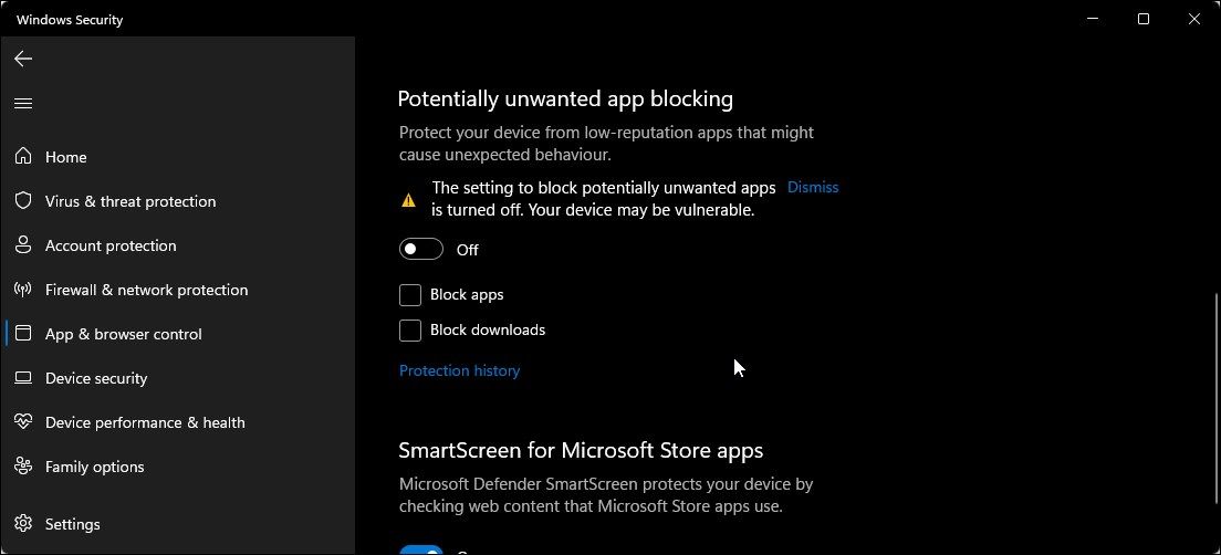 windows security turn off smartscreen filter unwated app blocking