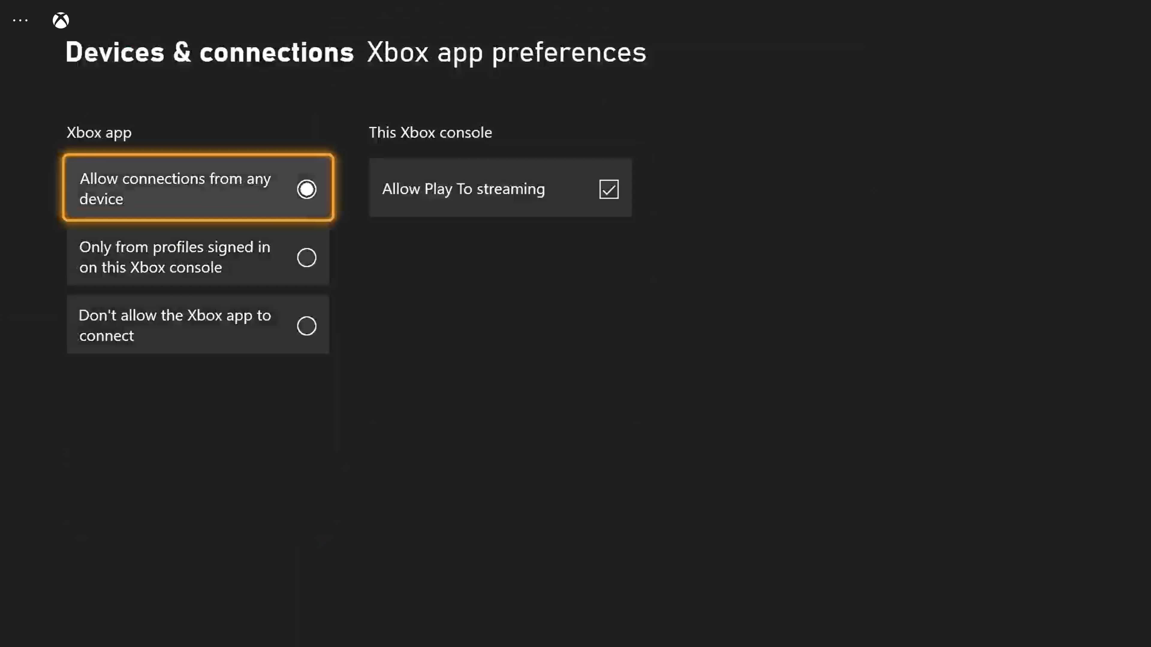 pantalla de configuración de preferencias de la aplicación xbox