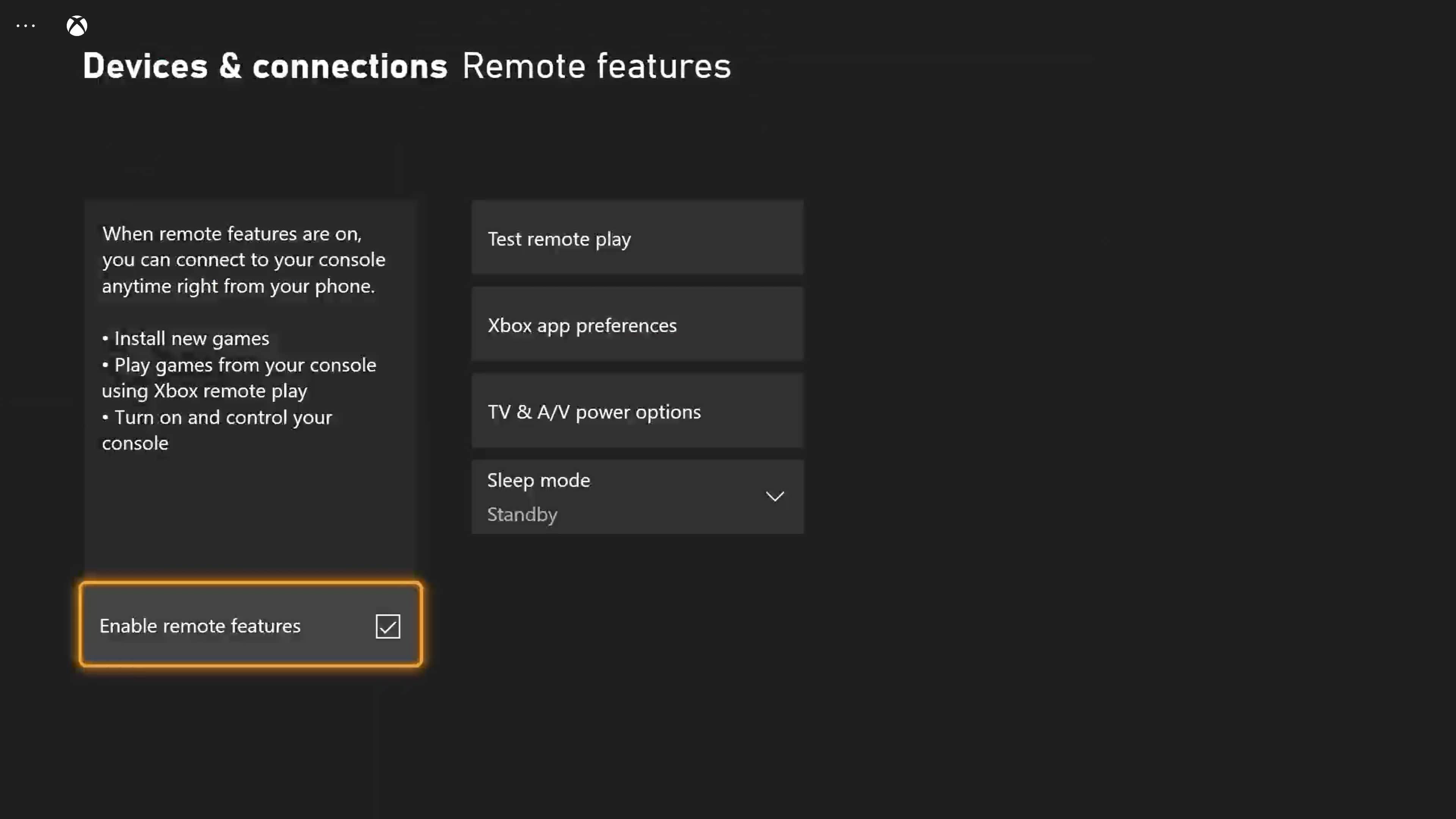 xbox remote features settings screen