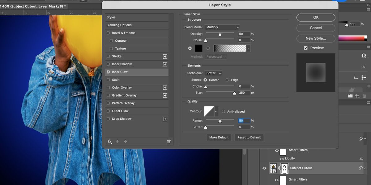 Photoshop layer styles menu for inner glow.