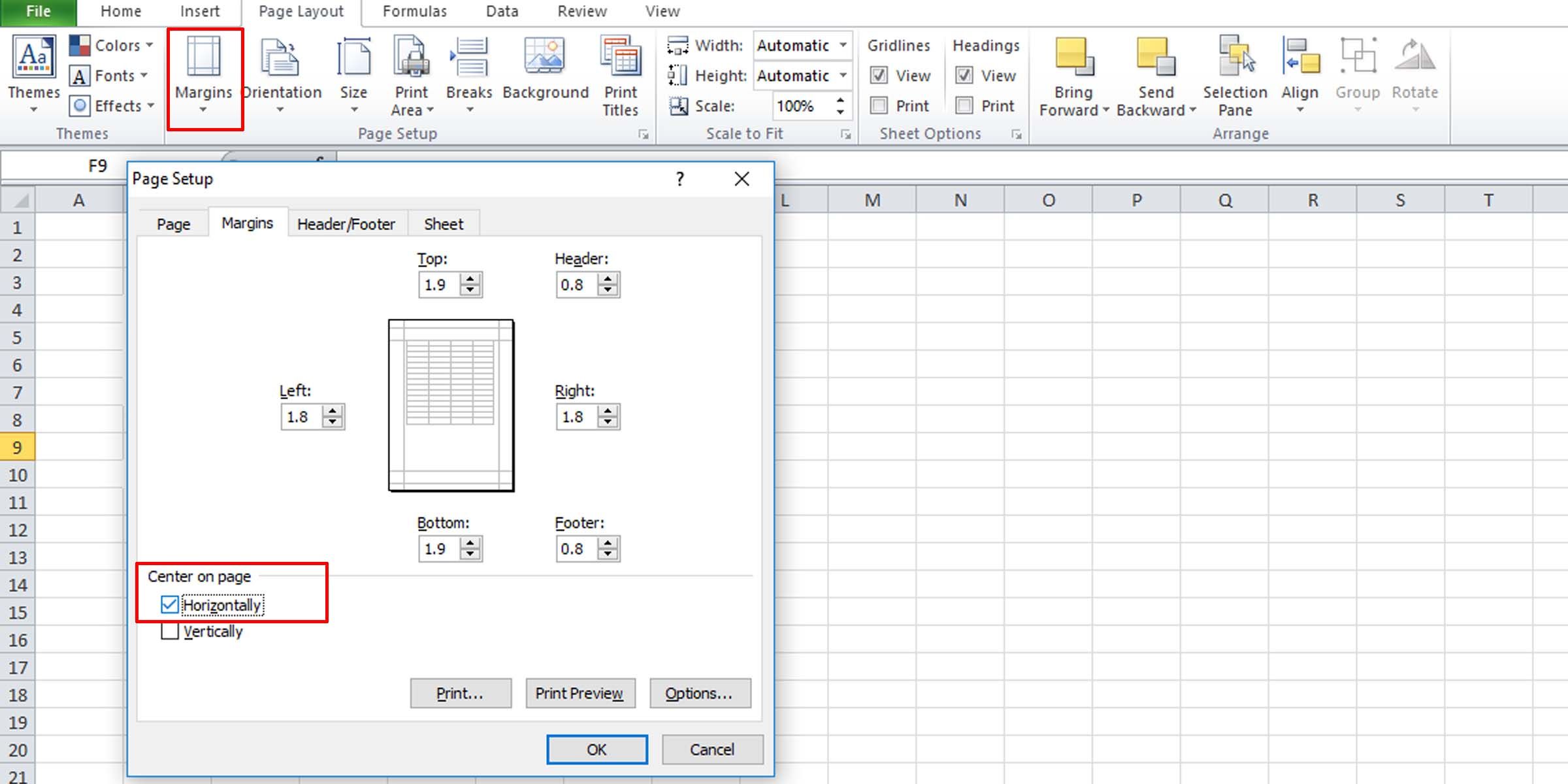 Center margins in Excel