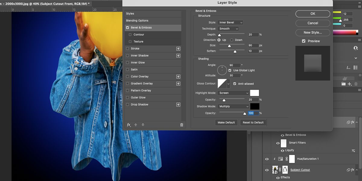 Photoshop layer styles showing bevel and emboss menu.