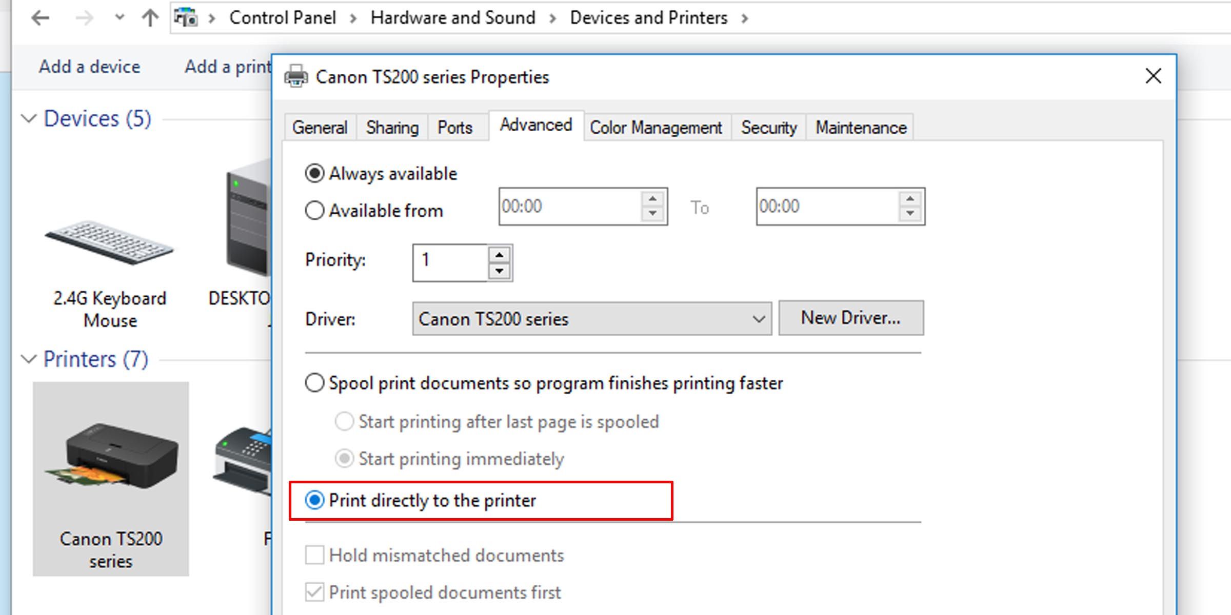 Deselect print spool option