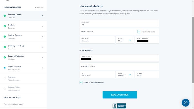 Carvana personal details form