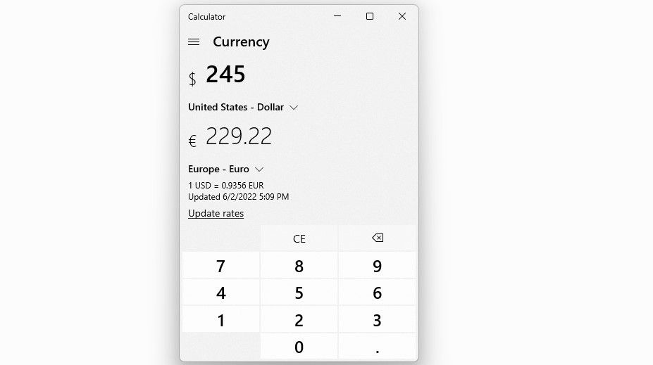 Converting Dollars Into Euros in Windows Built-In Calculator App