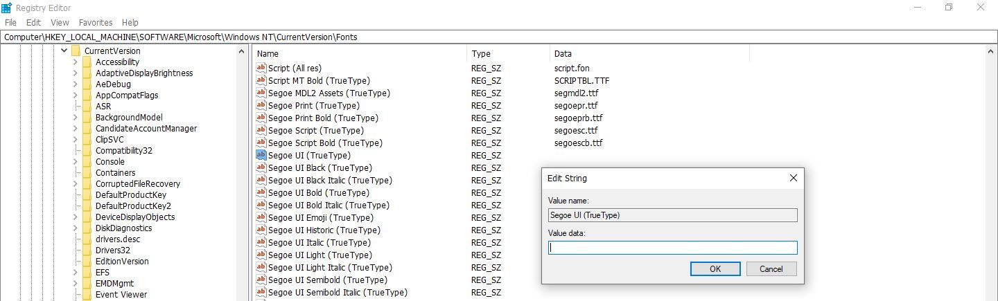 Tweaking the Value Data of a Font Key in Windows 10 Registry Editor