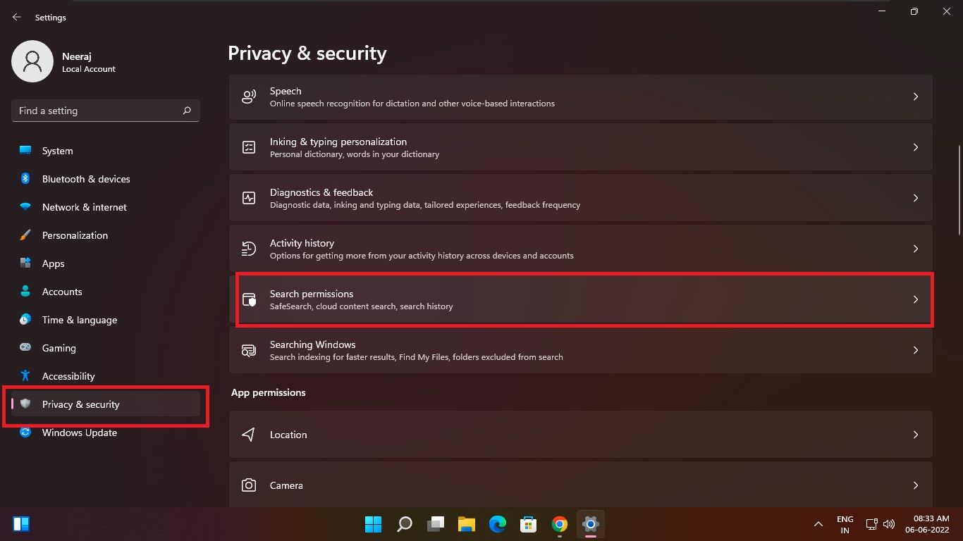 Select Search Permissions under Privacy & Security Settings