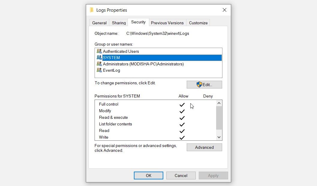Configuring the Log Security Settings