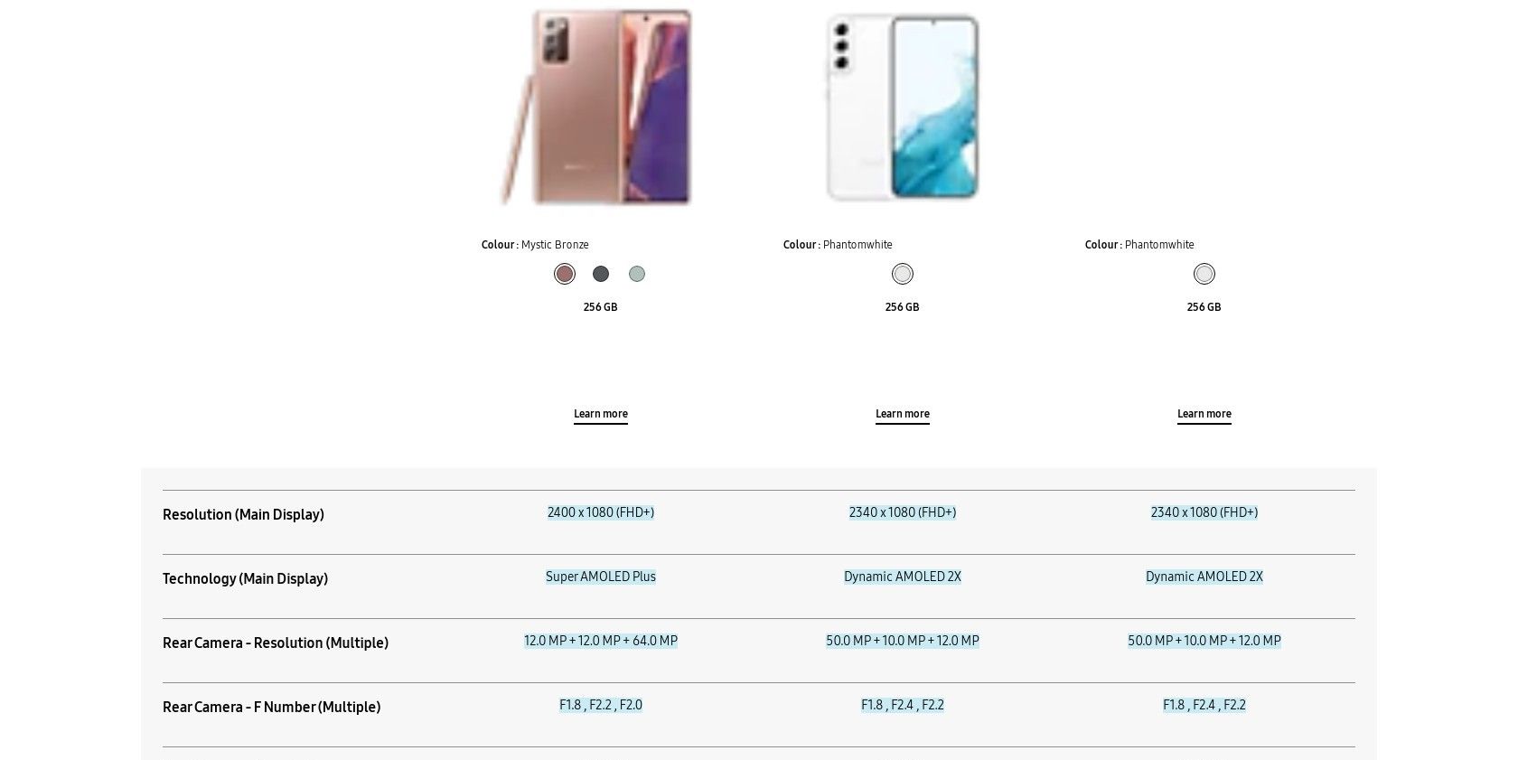 Screenshot of Samsung smartphone product specs 