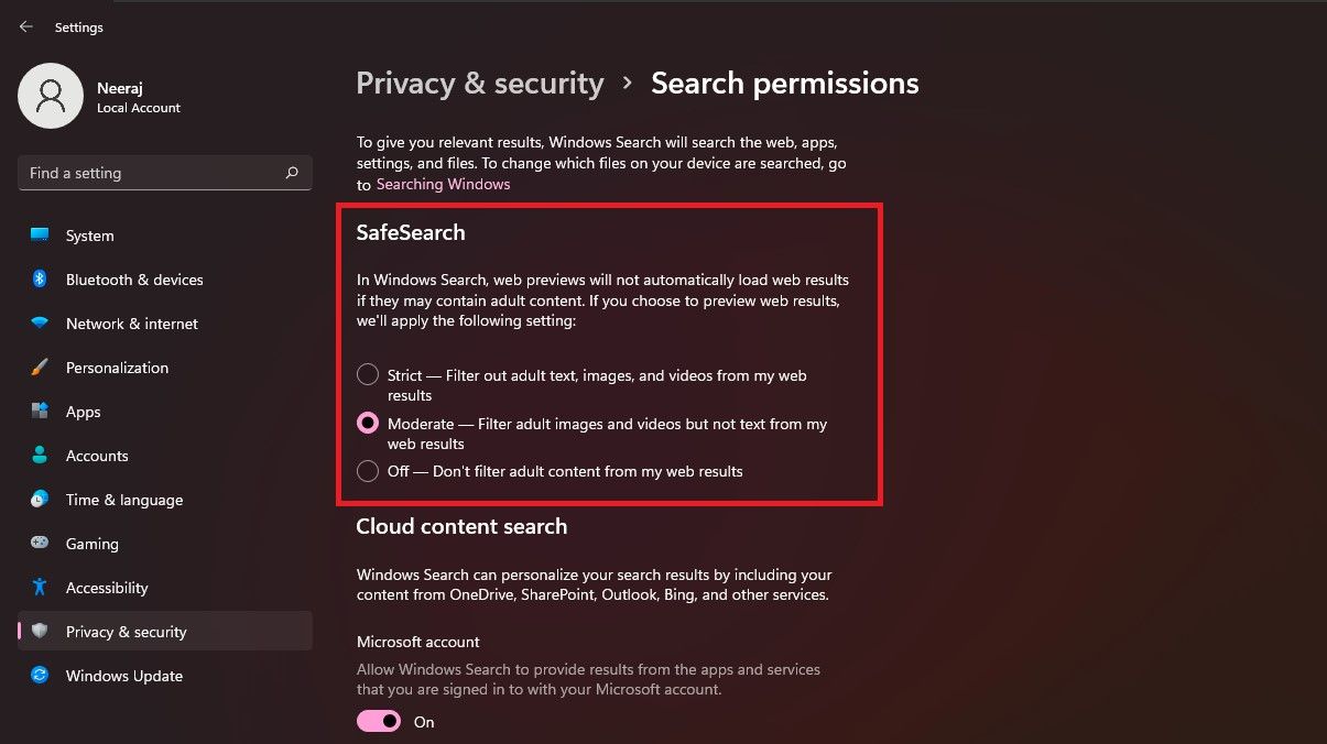 SafeSearch Settings Open on Windows 11