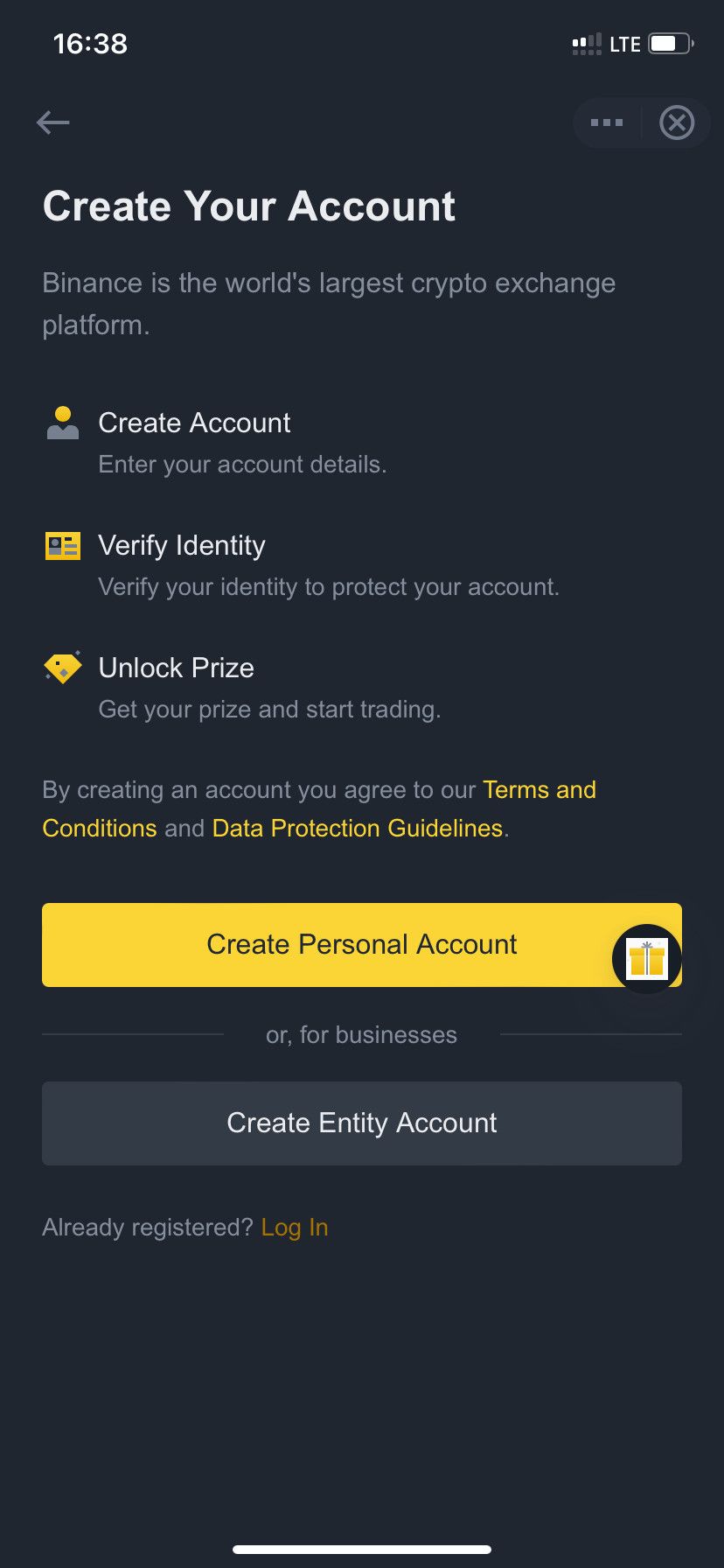 Binance account type selection page