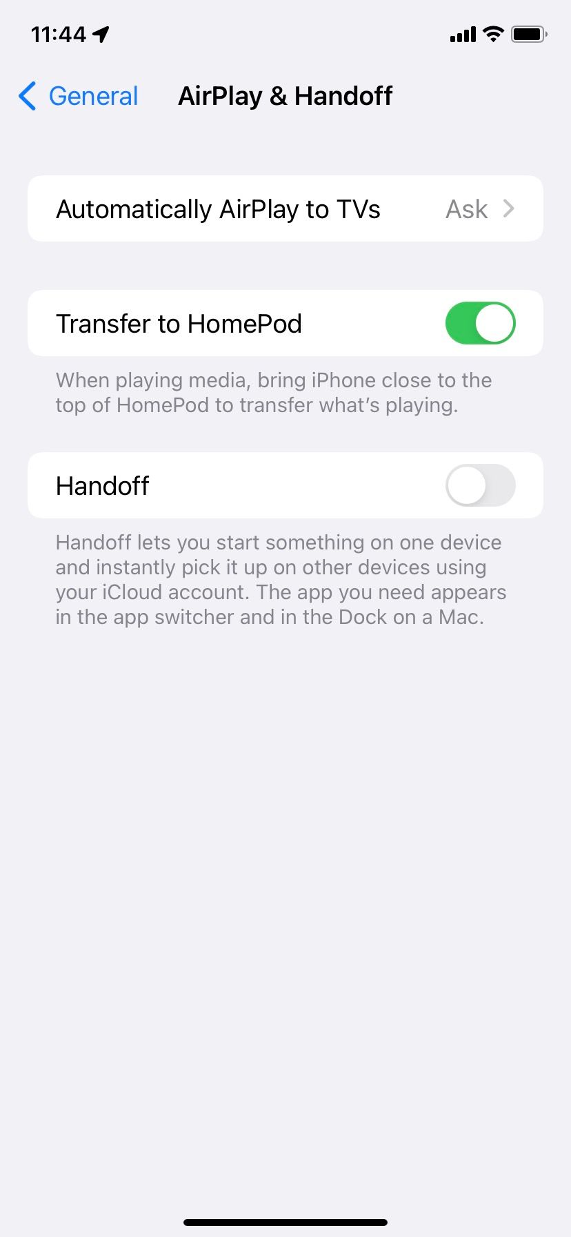 Handoff settings on iPhone.