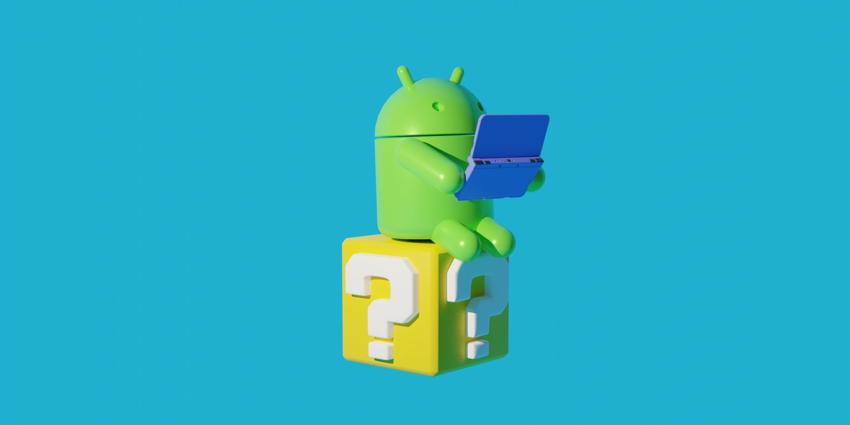 Android bot sits on a question block from Mario, playing with a DS.