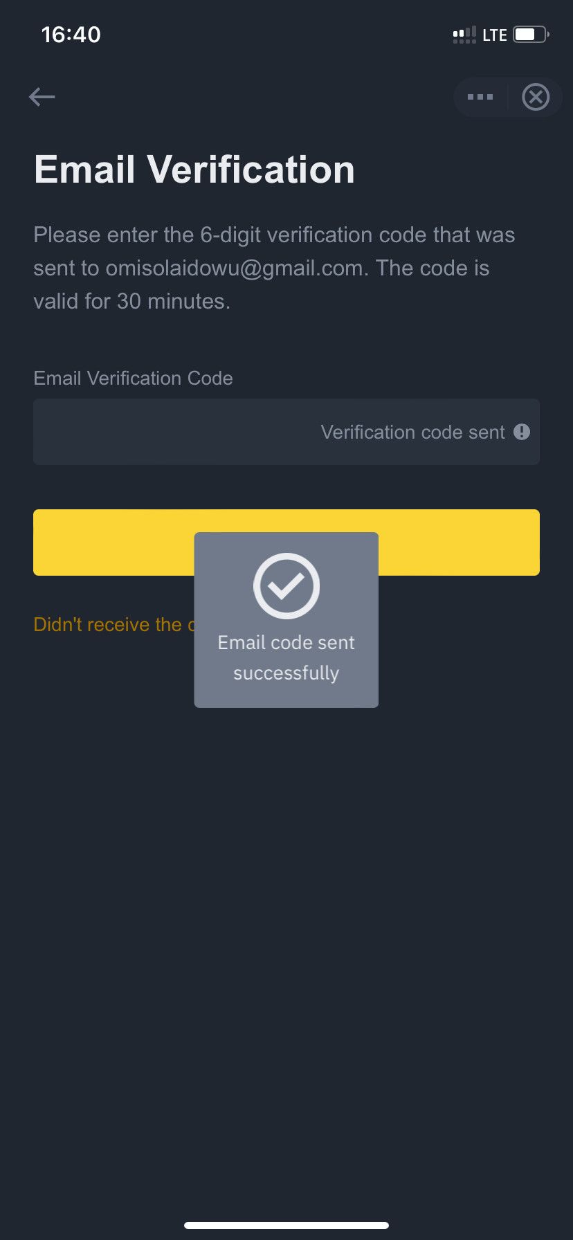 Binance email verification menu