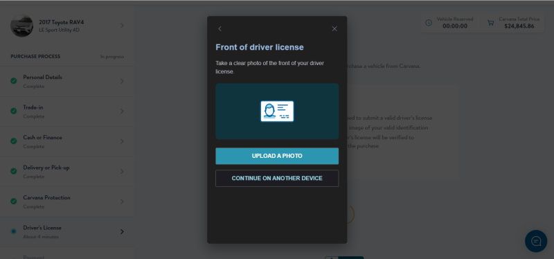 Carvana drivers license upload page