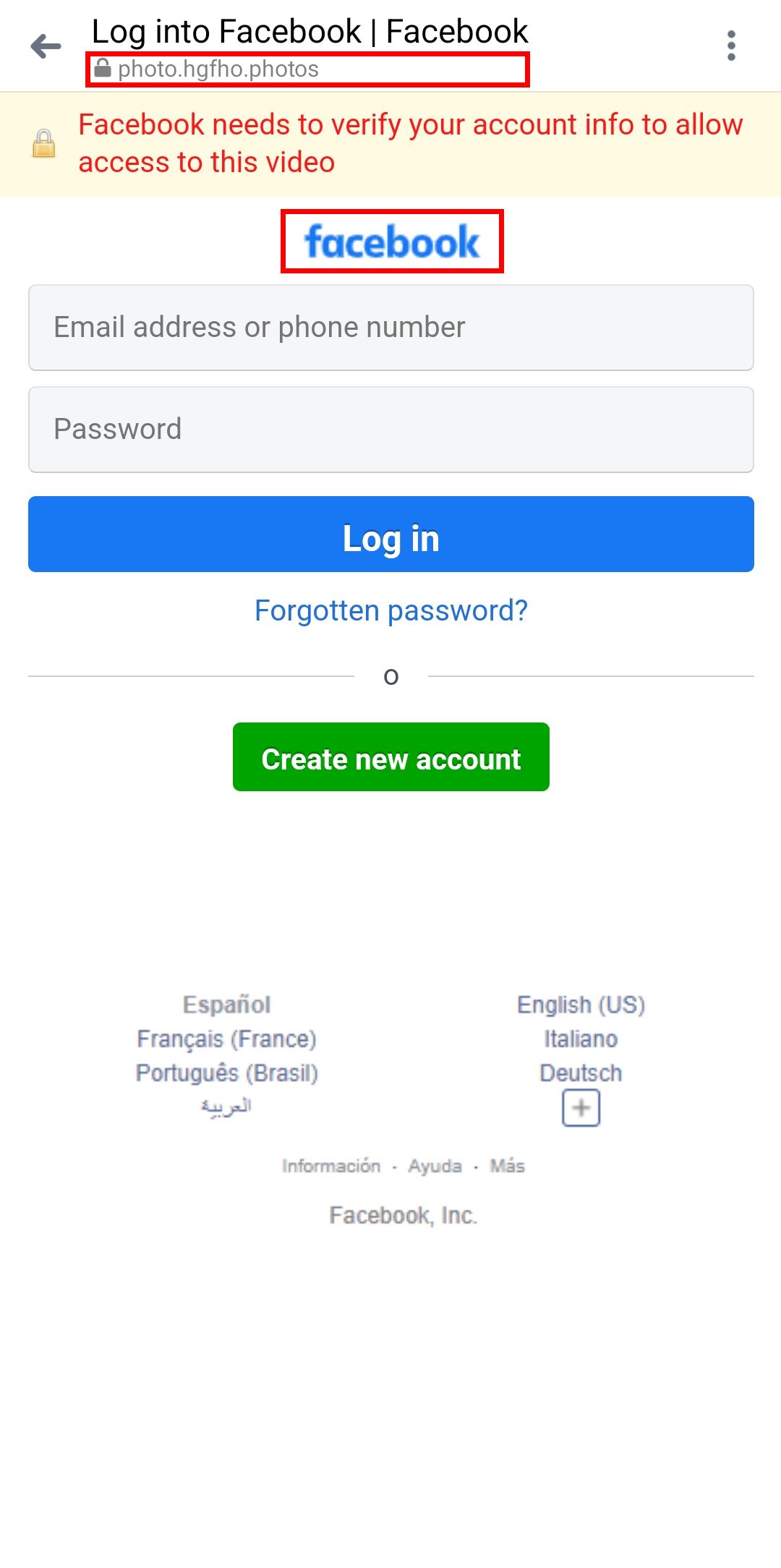 A fake Facebook Login Page with scam signs highlighted