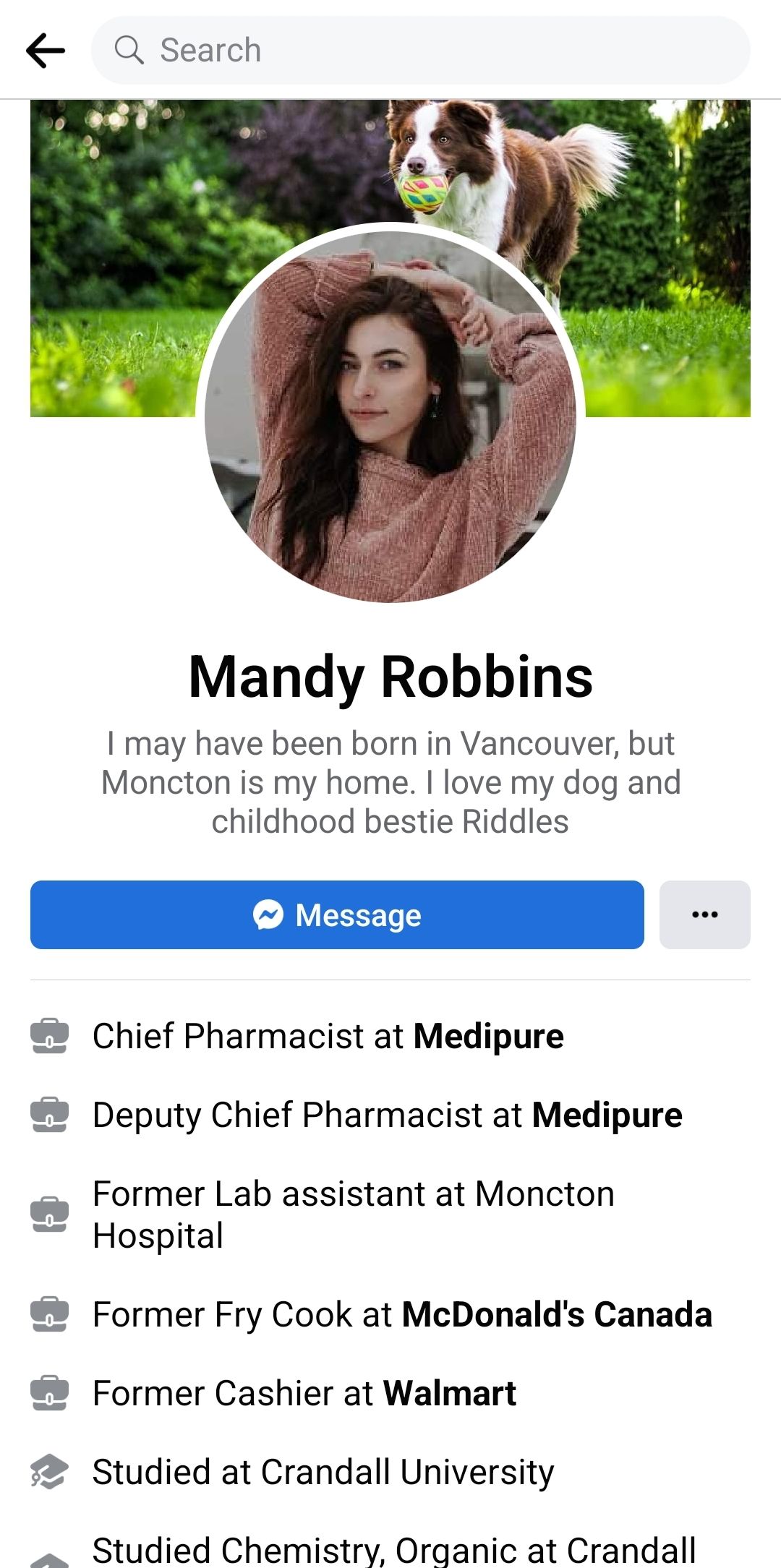 A vulnerable Facebook profile, with the user's real name, photo, and personal information.
