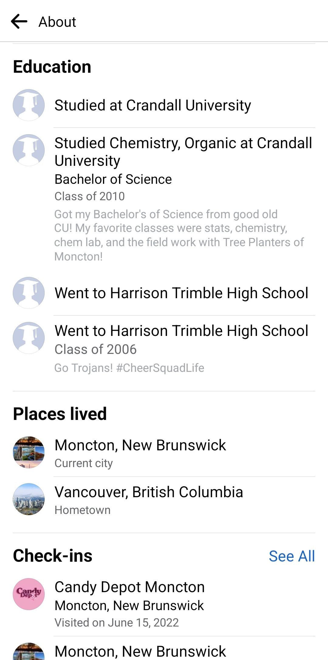 A vulnerable Facebook profile showing all the places the user has lived and gone to school.