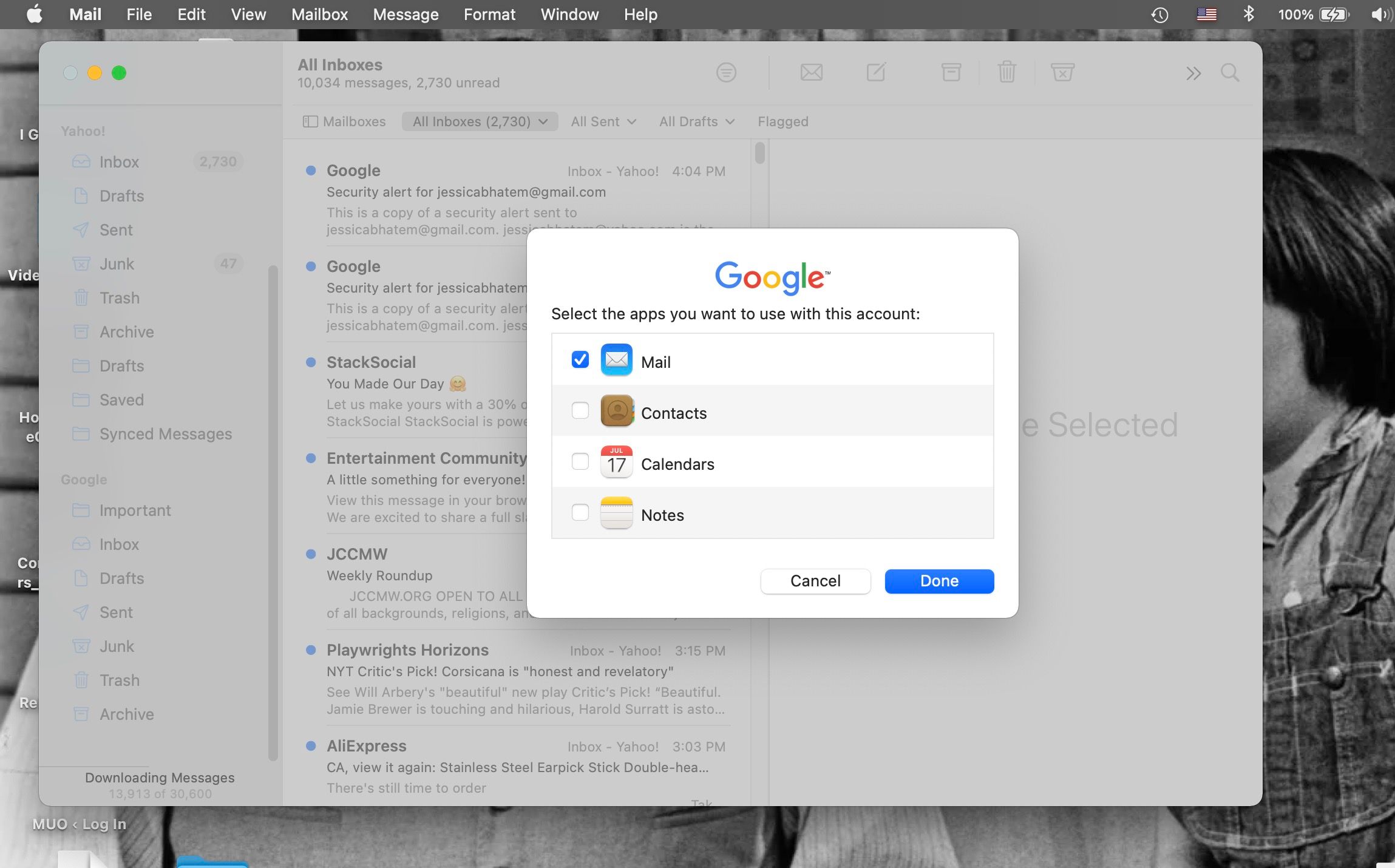 A window in Mail on Mac asking what apps the user would like to give account permissions to other than Mail