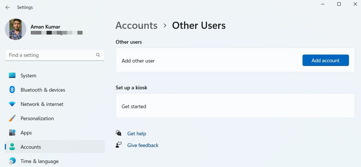 Add Account option in the Settings menu