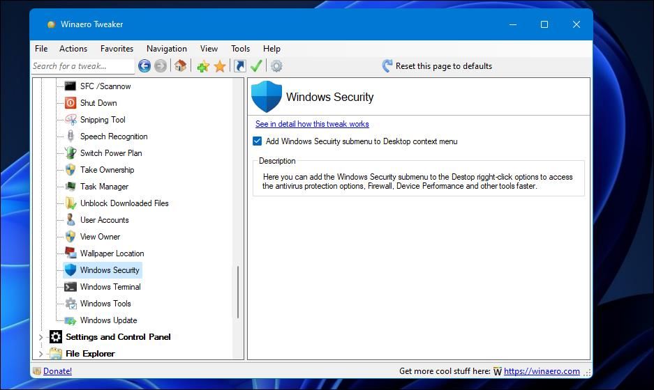 The Add Windows Security submenu option