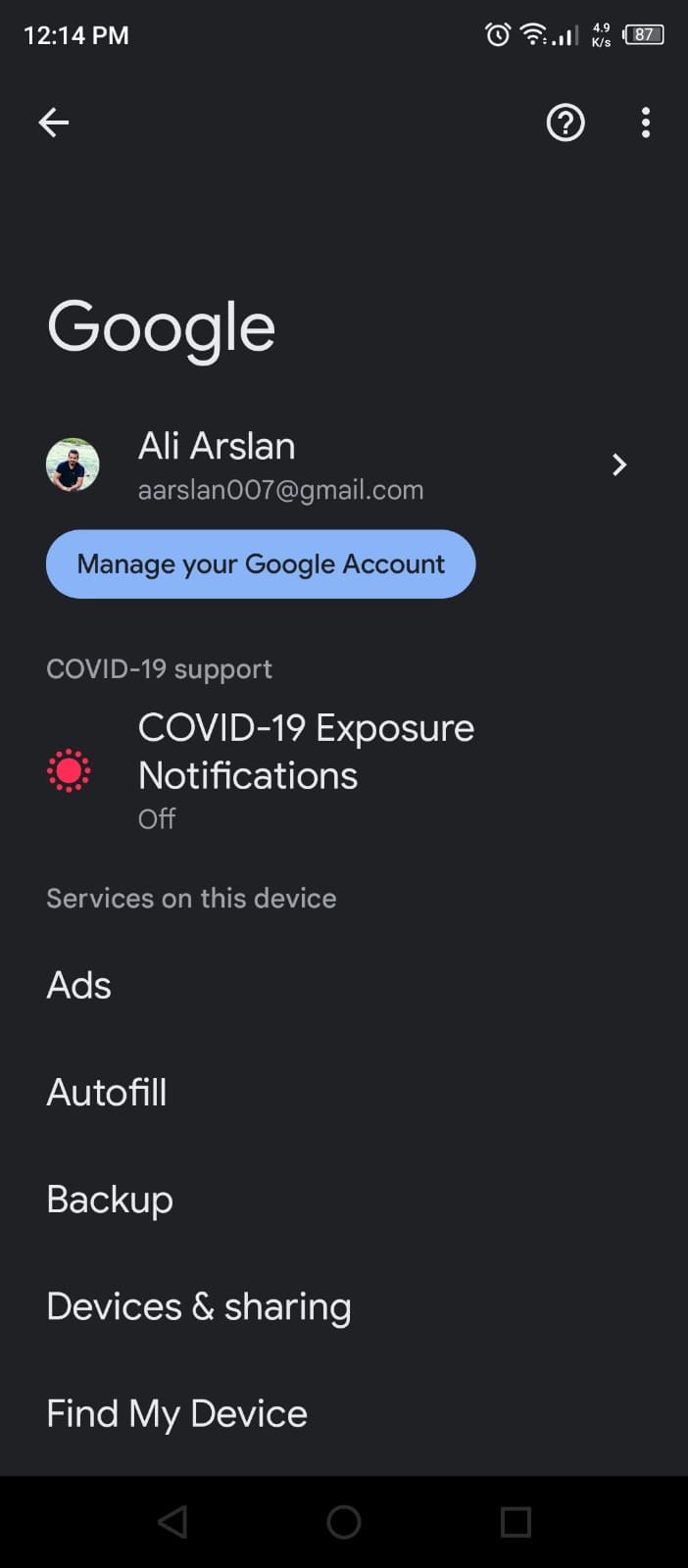 Ads option in Google Android Settings